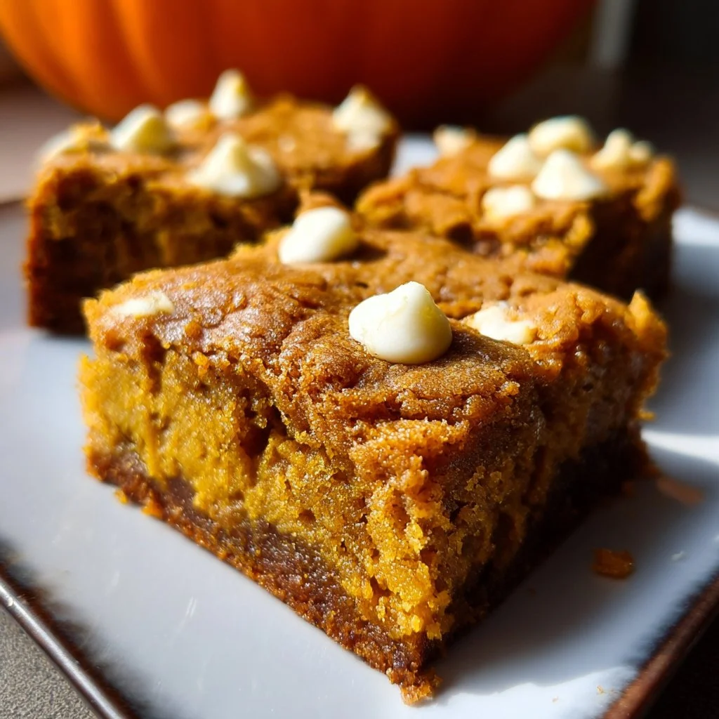 Delicious pumpkin blondies topped with spices and nuts, perfect fall treat.