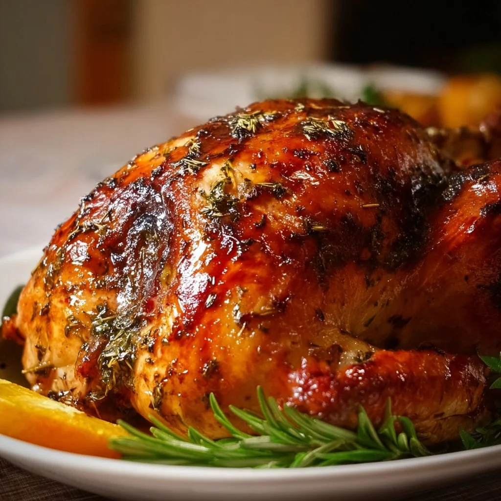 Juicy perfect roast turkey with herb butter under the skin, golden and delicious