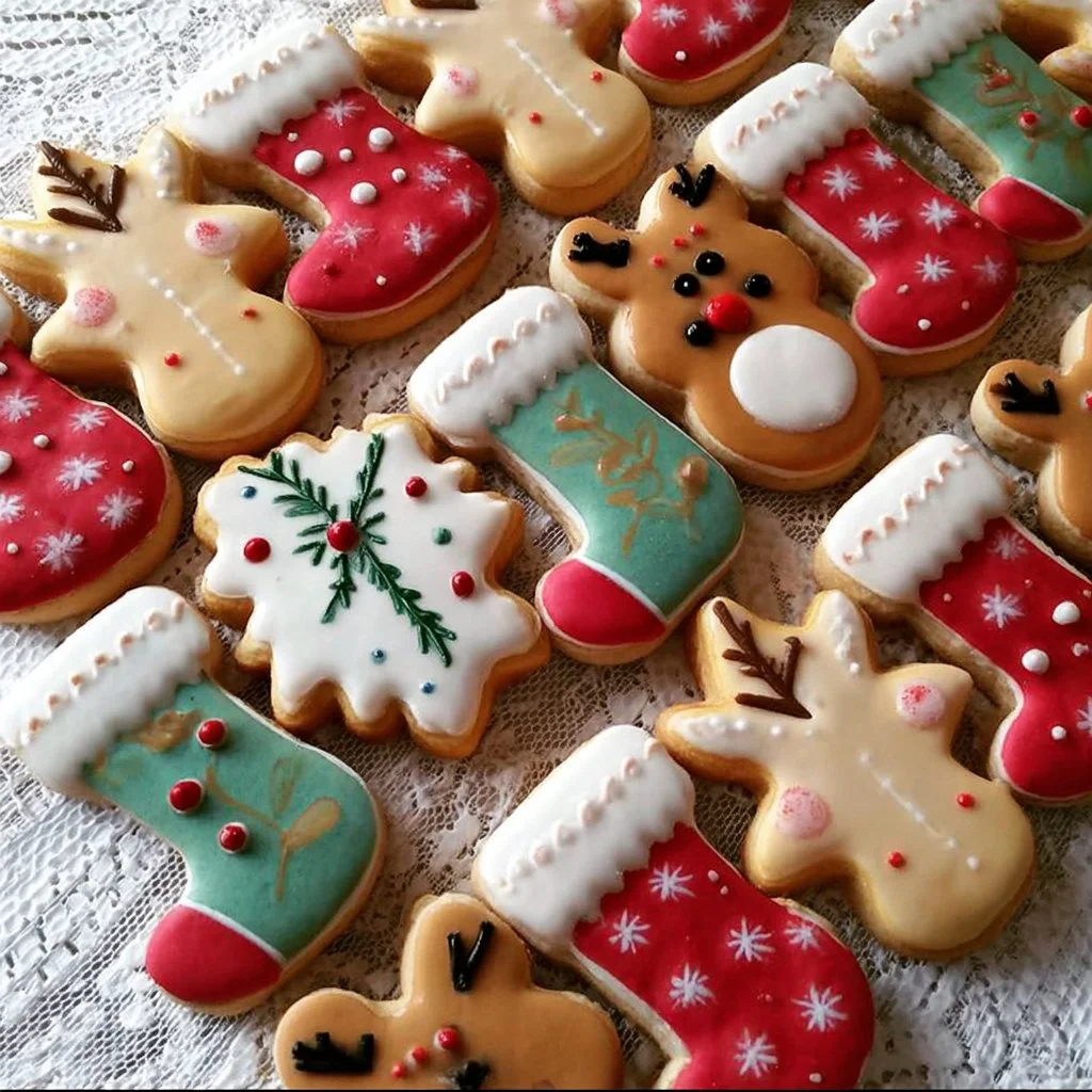 Assorted decorated Christmas cookies on a festive table.