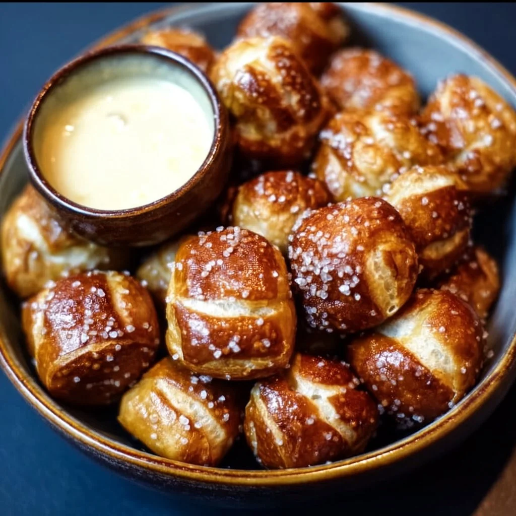 Delicious pretzel bites with cheese dip ready to be enjoyed as a snack.