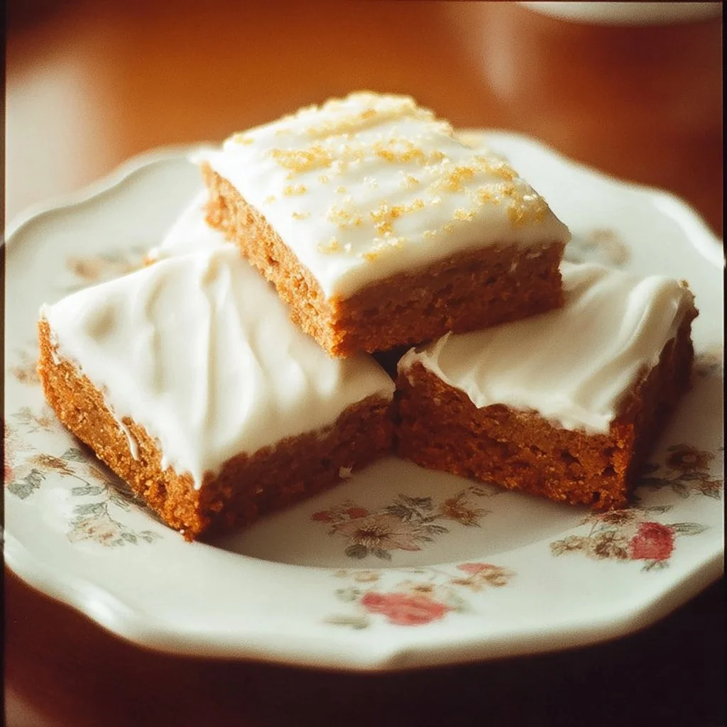 Delicious pumpkin bars topped with cream cheese frosting on a wooden table.