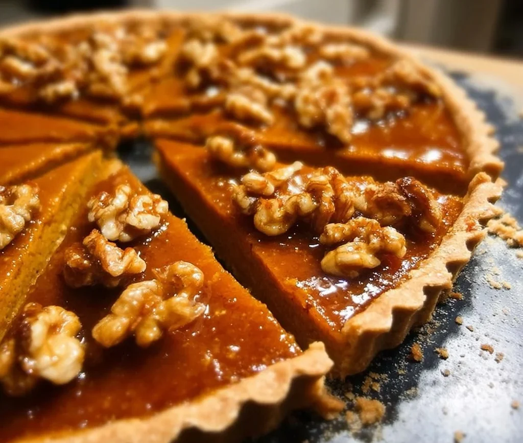 Pumpkin Caramel Tart topped with Candied Walnuts on a rustic wooden table