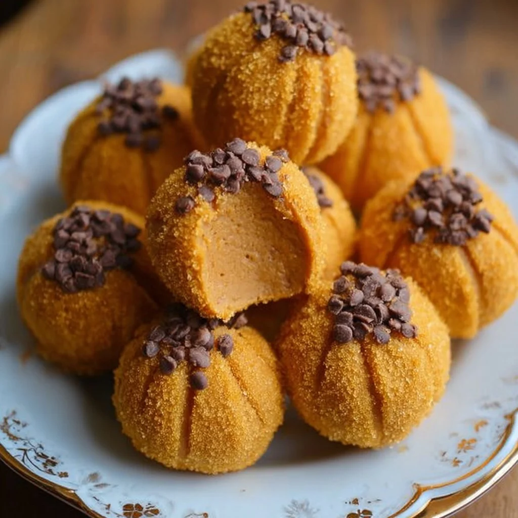 Delicious pumpkin cheesecake truffles topped with chocolate and spices