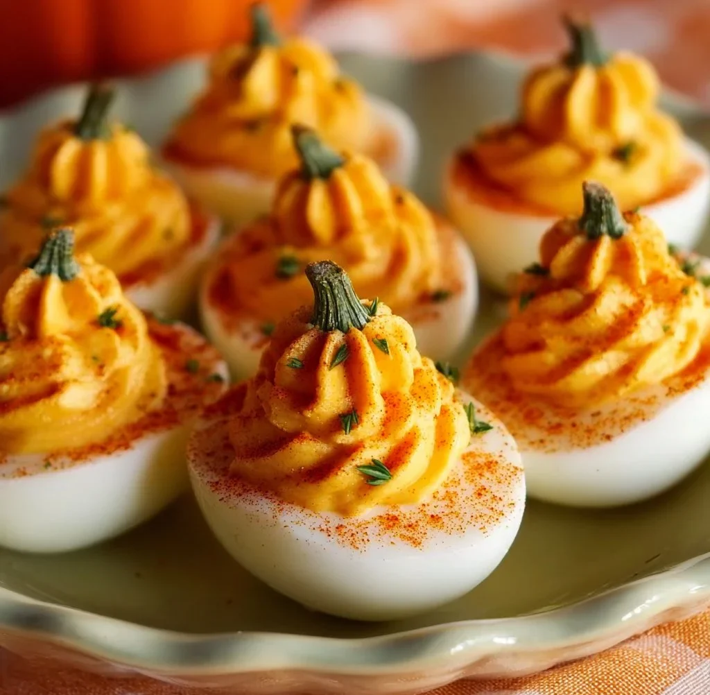 Festively styled Pumpkin Patch Deviled Eggs on a decorative plate