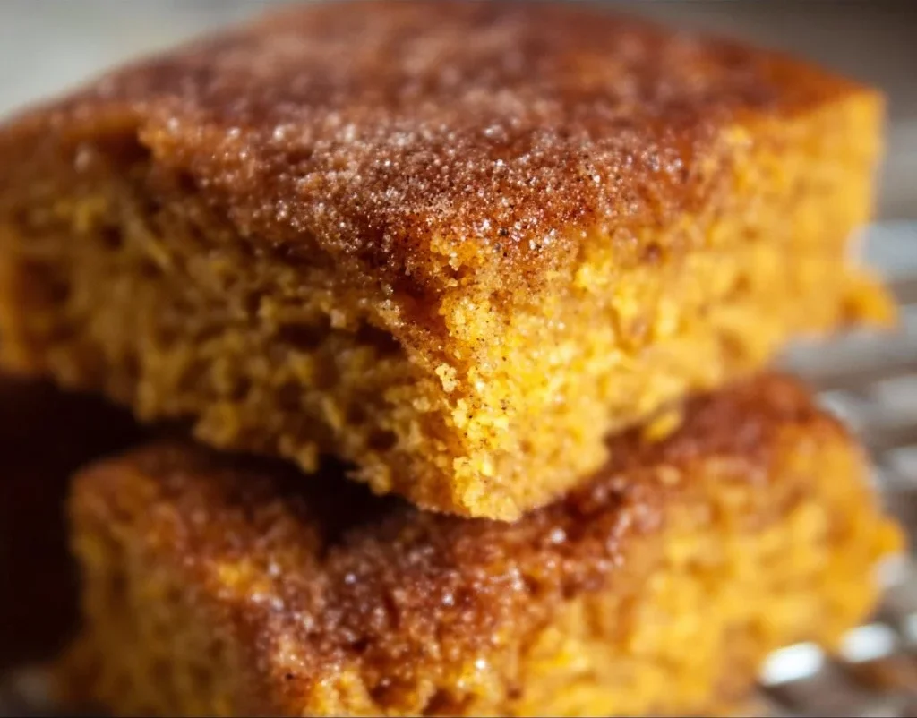 Delicious Pumpkin Snickerdoodle Snack Cake topped with cinnamon sugar