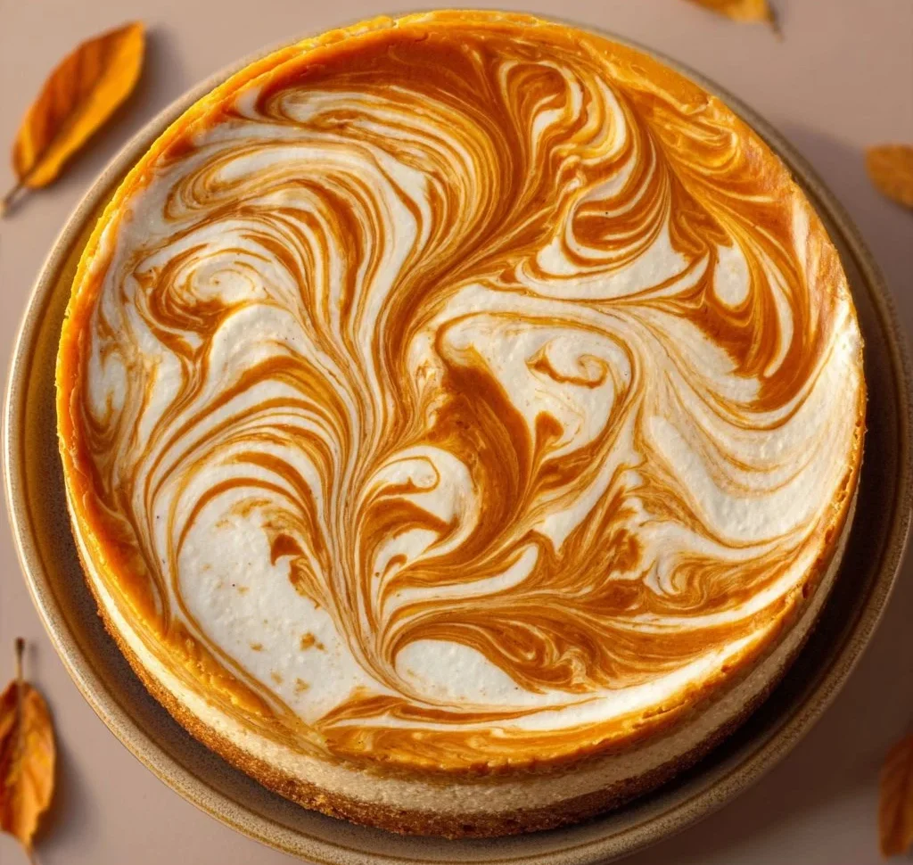 Delicious Pumpkin Swirl Cheesecake topped with creamy swirls and autumn spices