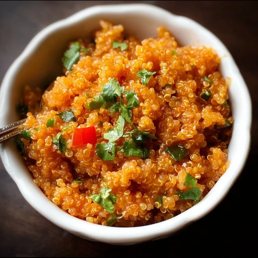 Bowl of colorful and nutritious Spanish quinoa with vegetables and spices