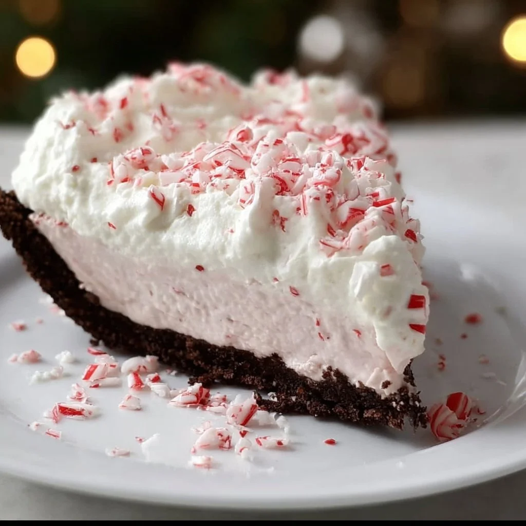 Quick Christmas Peppermint Pie topped with whipped cream and peppermint sprinkles