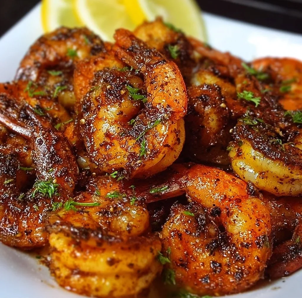 Plate of quick and easy blackened shrimp with seasoning and herbs