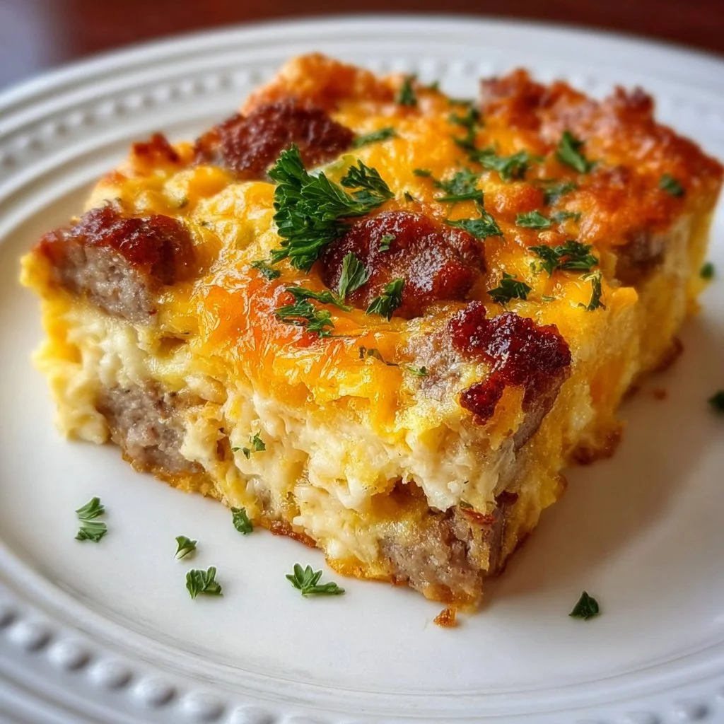 Delicious quick overnight sausage and egg casserole served in a dish.