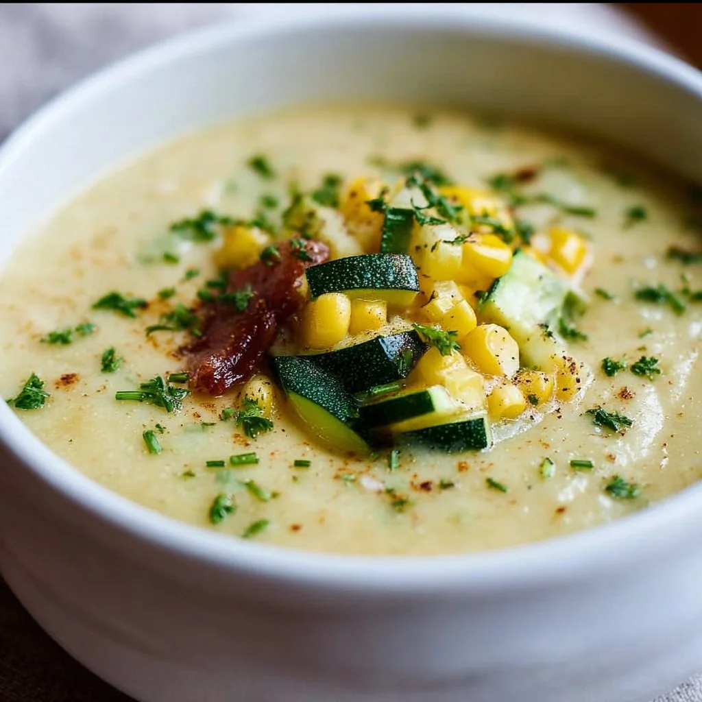 Bowl of quick Potato Corn Zucchini Soup garnished with fresh herbs