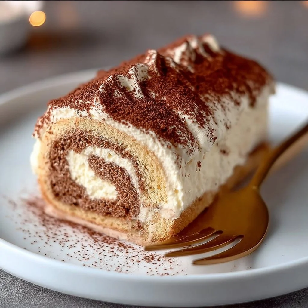 Sliced Quick Tiramisu Yule Log Cake with coffee and chocolate layers