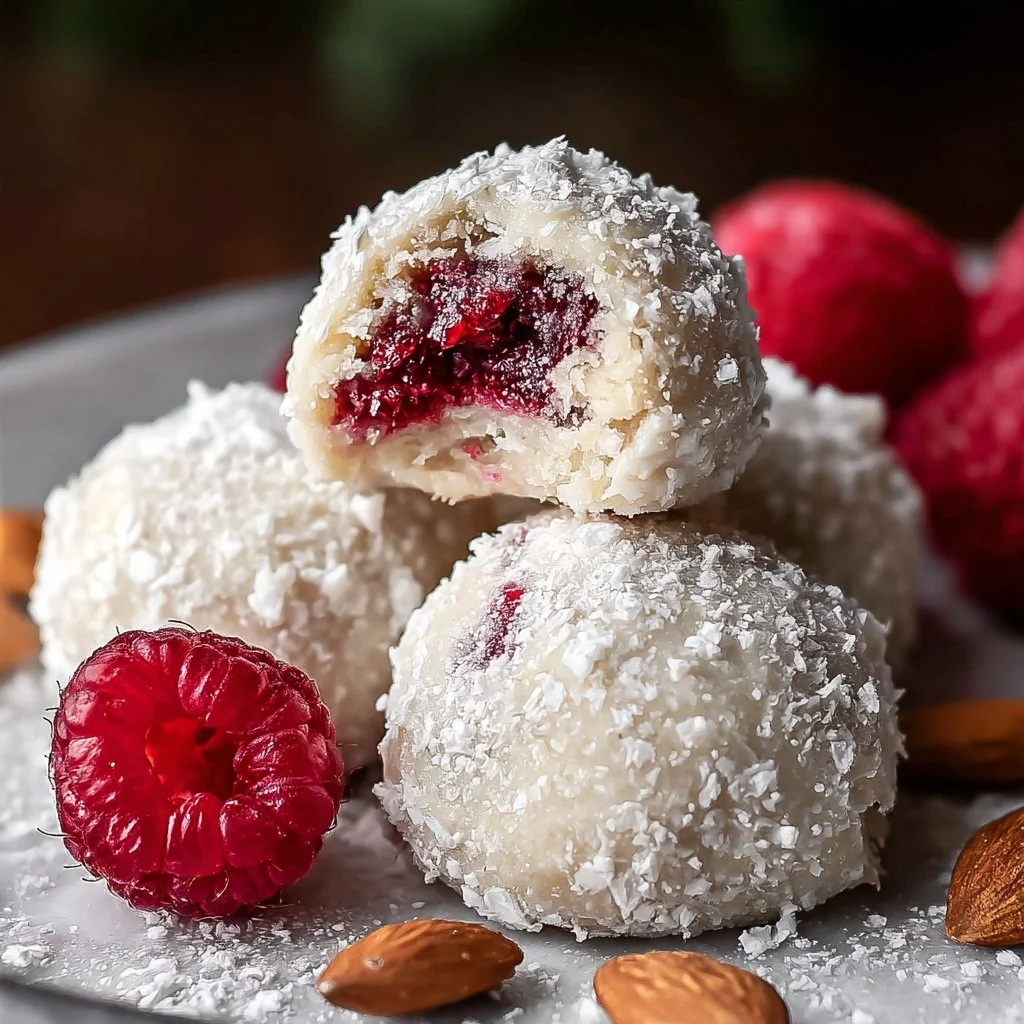 Plated Raspberry Almond Snowball Cookies dusted with powdered sugar