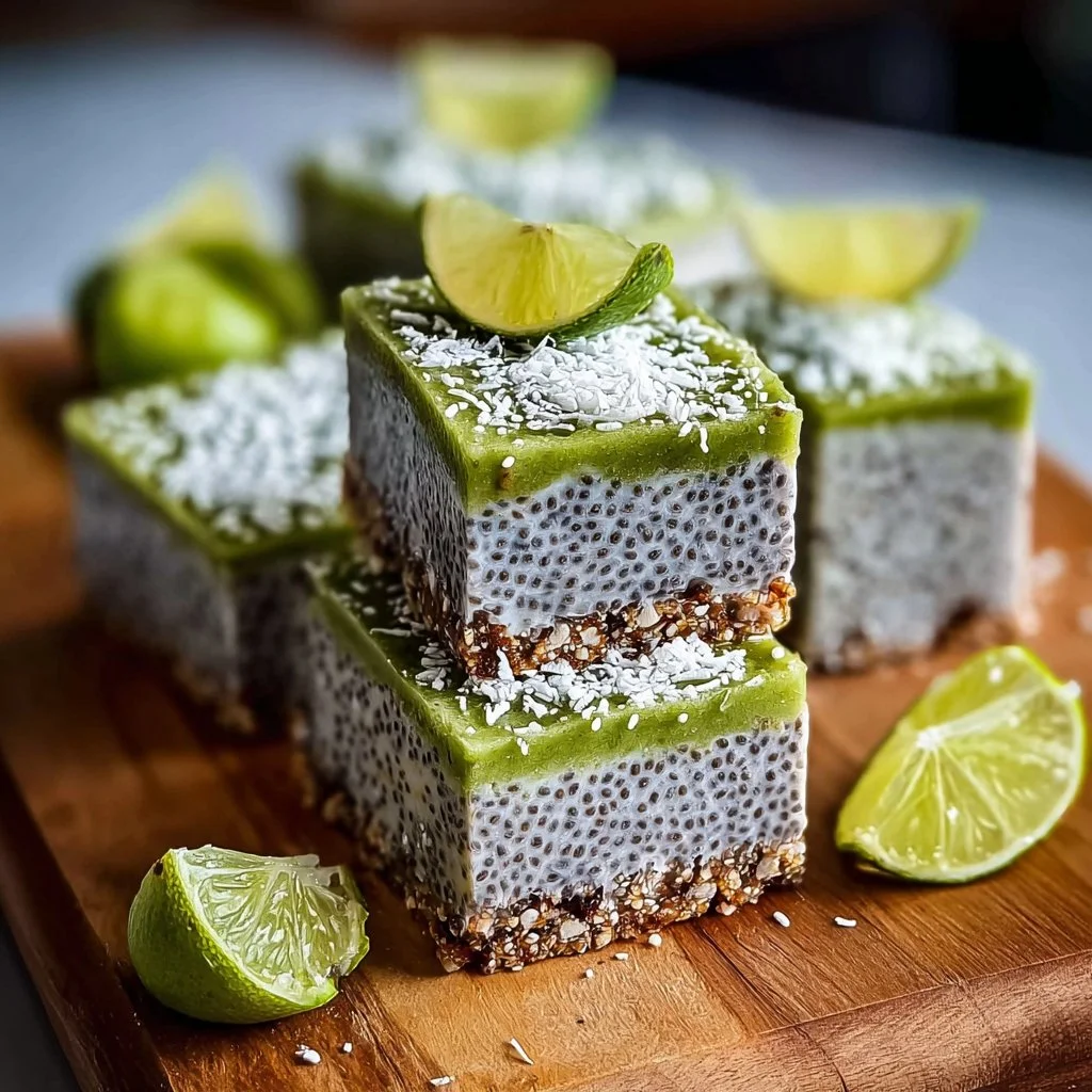 No-bake chia pudding bars with coconut lime flavor displayed on a plate