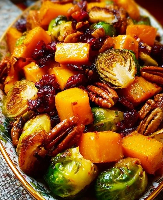 Roasted butternut squash and Brussels sprouts with pecans and cranberries in a bowl
