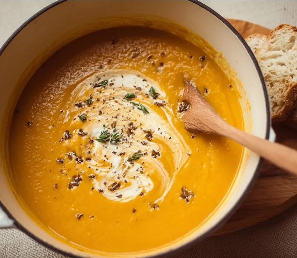 Bowl of creamy roasted butternut squash soup garnished with herbs