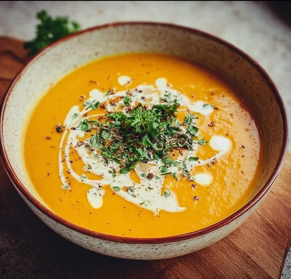 Bowl of roasted pumpkin soup garnished with herbs and cream