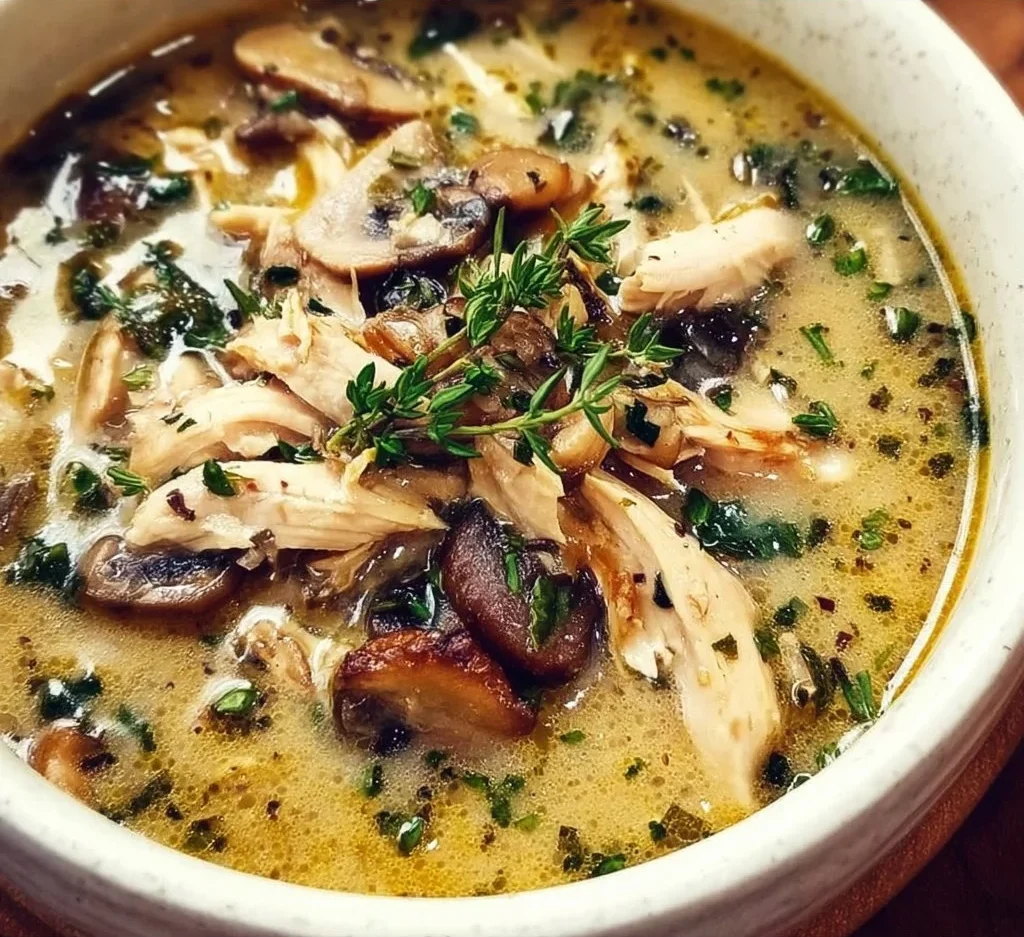 Bowl of Rotisserie Chicken and Mushroom Soup garnished with herbs