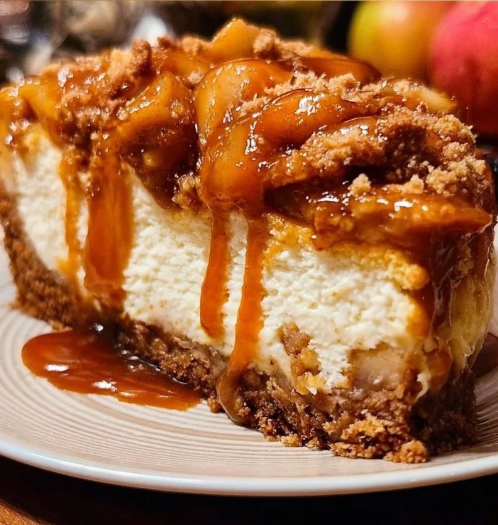Salted Caramel Apple Pie Cheesecake topped with caramel drizzle and apple slices.