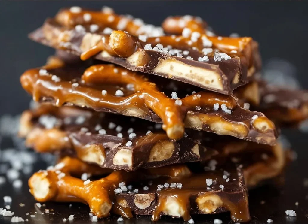 Delicious salted caramel pretzel bark with crunchy pretzel pieces