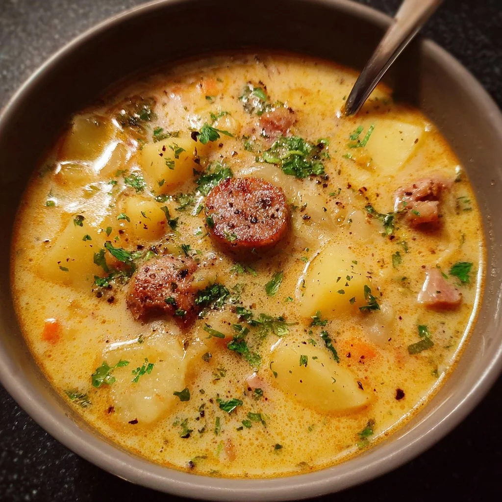 Delicious bowl of Sausage Potato Soup with herbs and chunks of sausage and potato