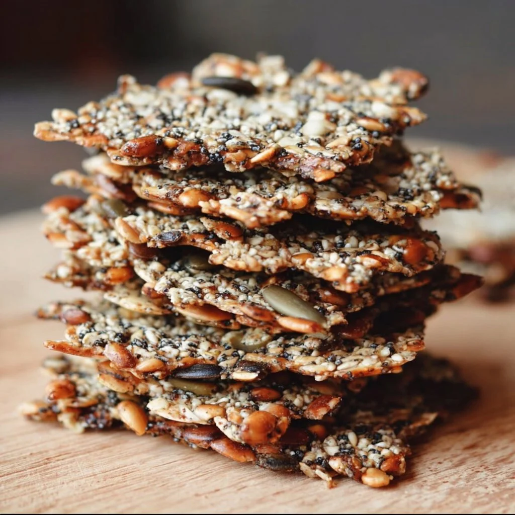 Healthy and tasty seed crackers on a wooden board.