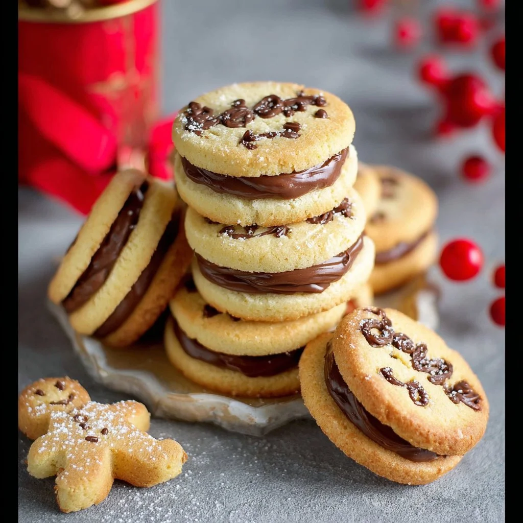 Shortbread cookie sandwiches filled with Nutella on a white plate