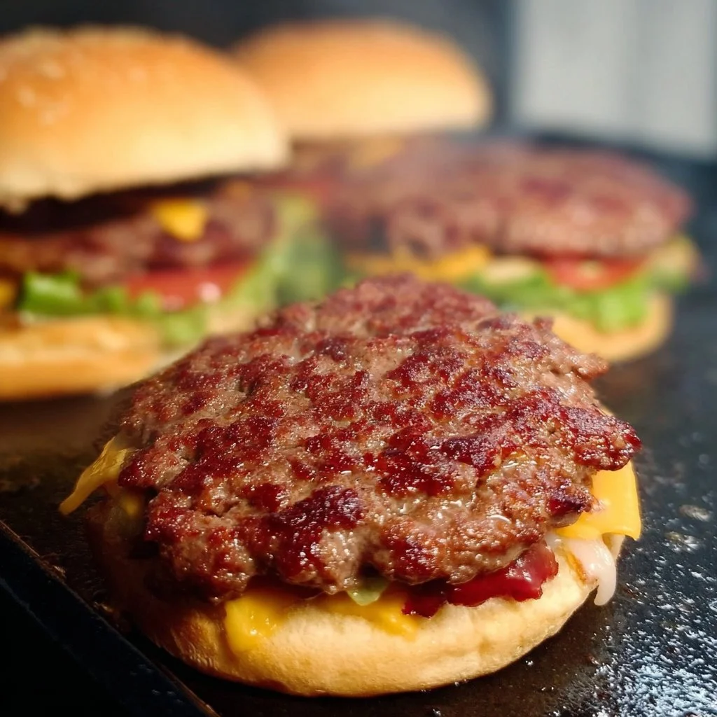 Delicious sizzling smash burgers topped with fresh ingredients