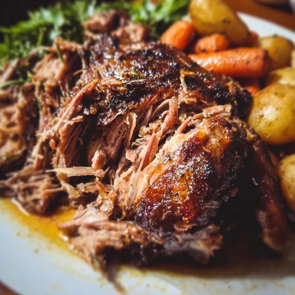 Delicious slow roast lamb garnished with herbs
