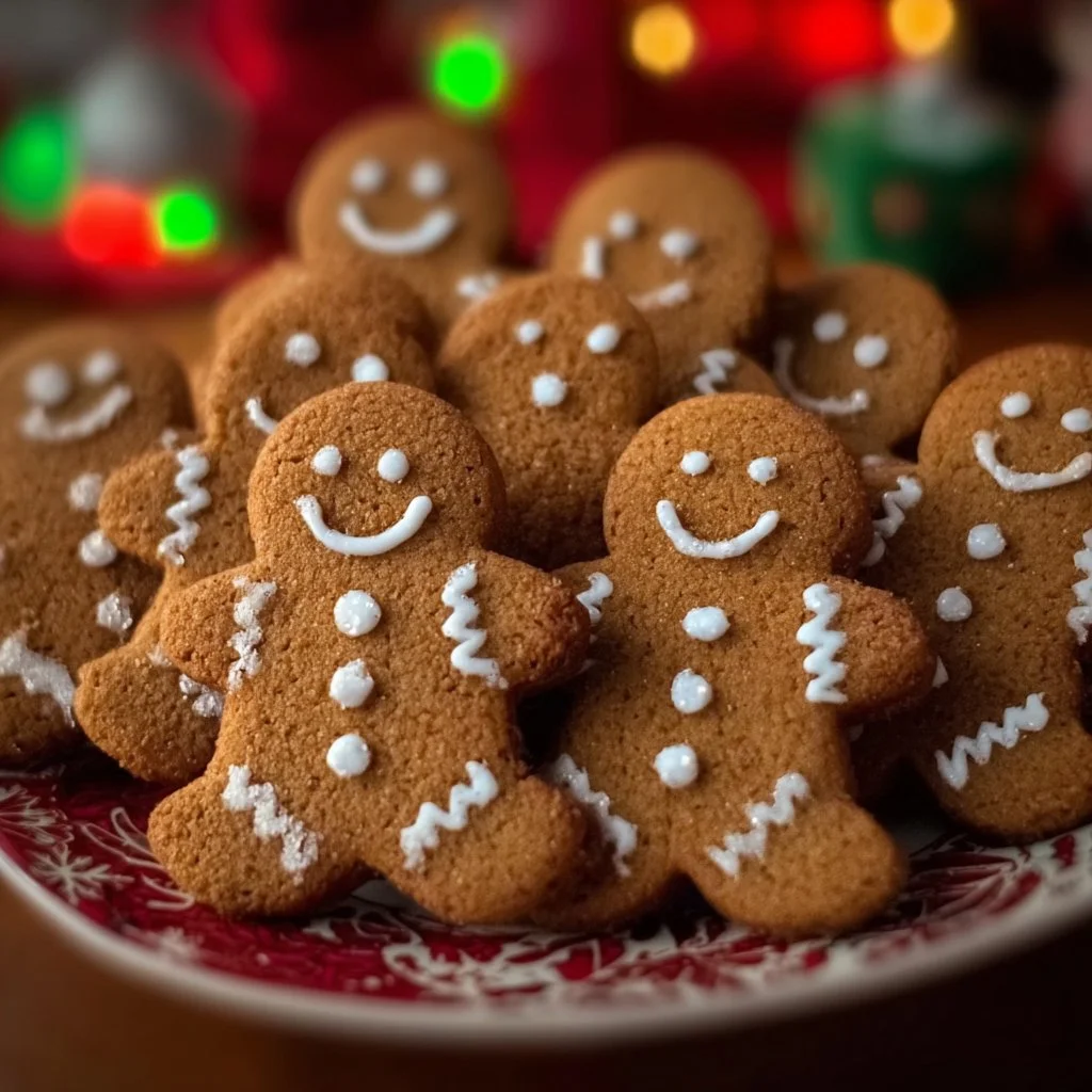 Soft and chewy gingerbread men cookies on a festive plate