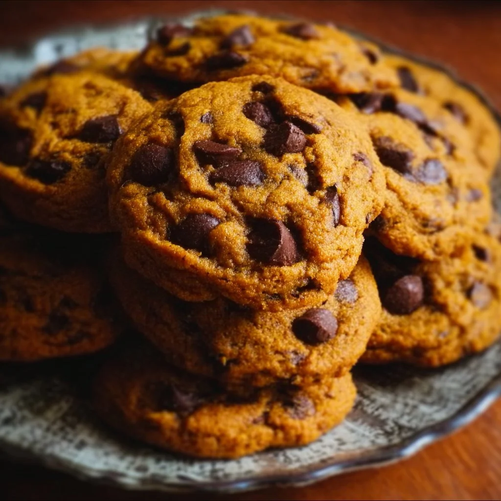 Soft and gooey pumpkin chocolate chip cookies on a baking tray