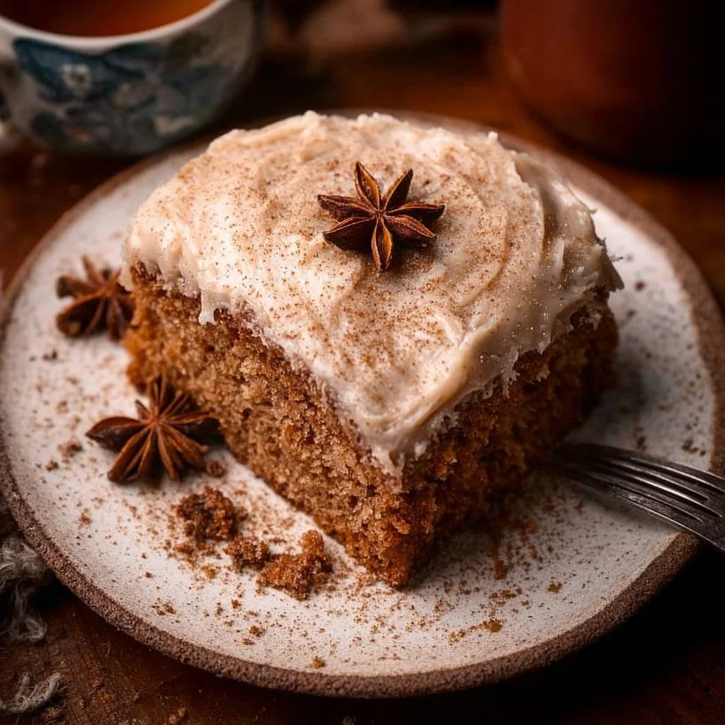 Deliciously spiced chai cake topped with creamy frosting and chai flavors.