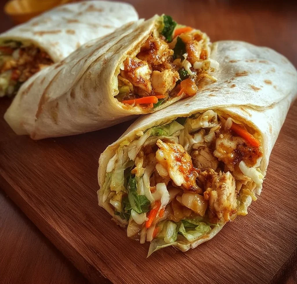 Delicious spicy chicken wraps filled with fresh vegetables and zesty sauce.