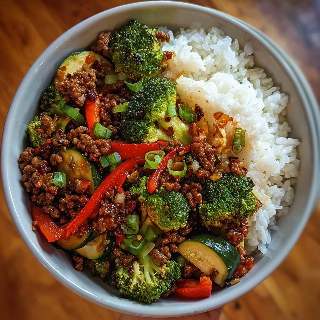 Spicy ground beef stir-fry bowl with garlic vegetables and rice