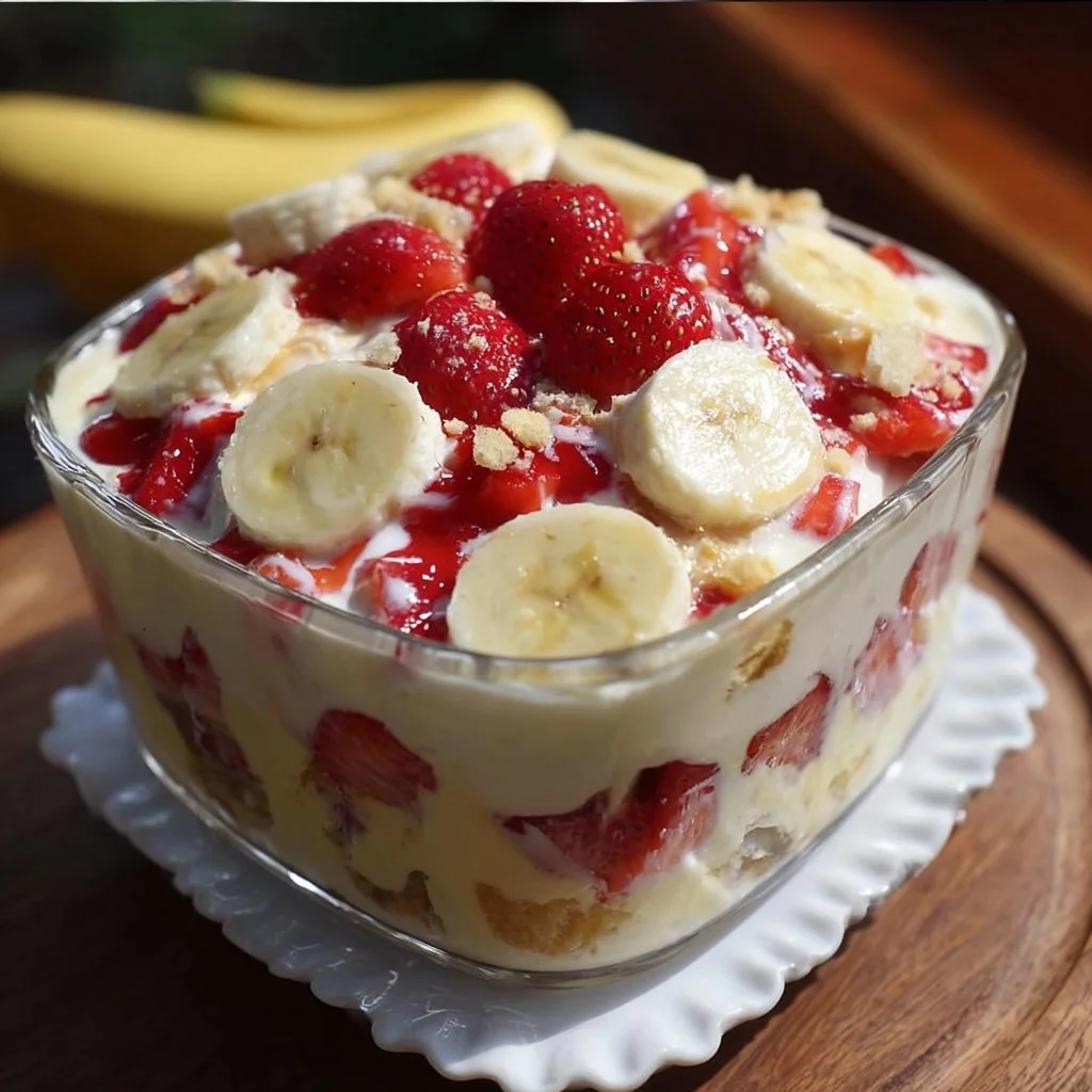Delicious strawberry banana pudding in a glass topped with fresh fruit