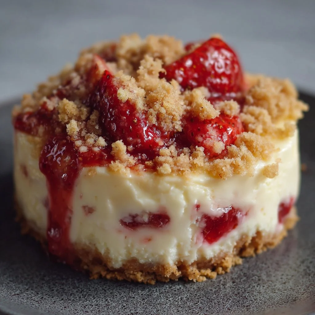 Delicious strawberry crumble cheesecake with a crunchy topping