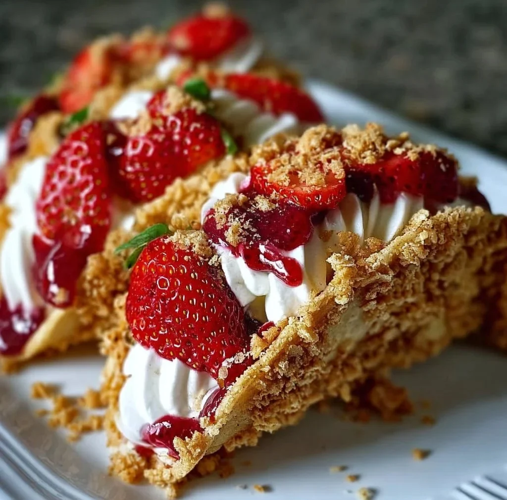 Delicious Strawberry Crunch Cheesecake Tacos served on a plate