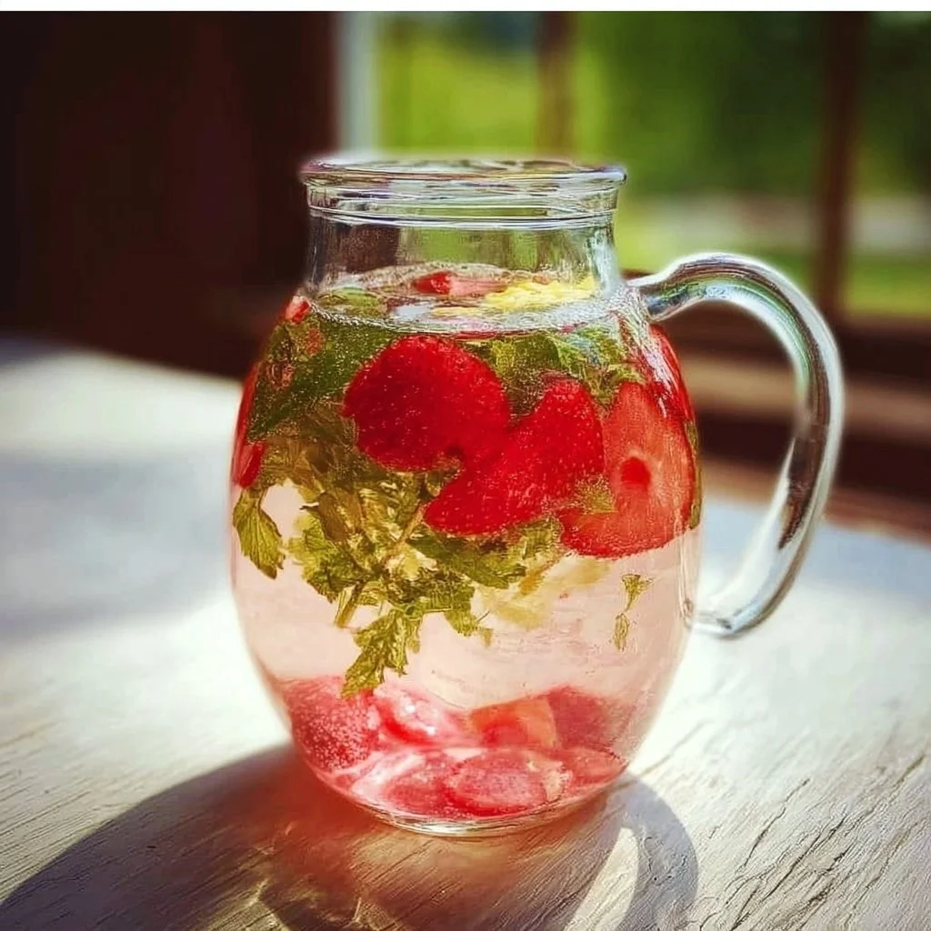 Glass of Strawberry Mint Infused Lemon Water with fresh strawberries and mint