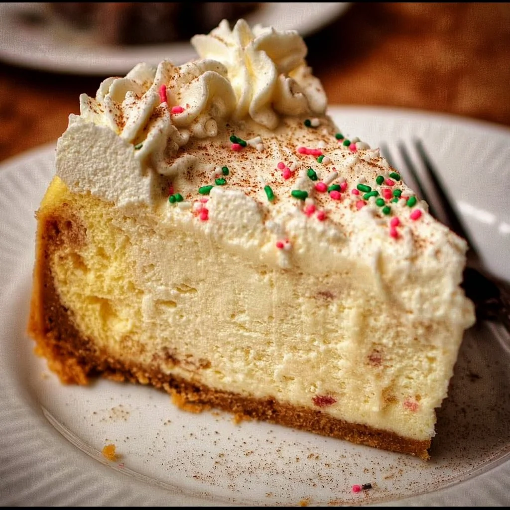 Delicious slice of sugar cookie cheesecake topped with sprinkles and a cookie.