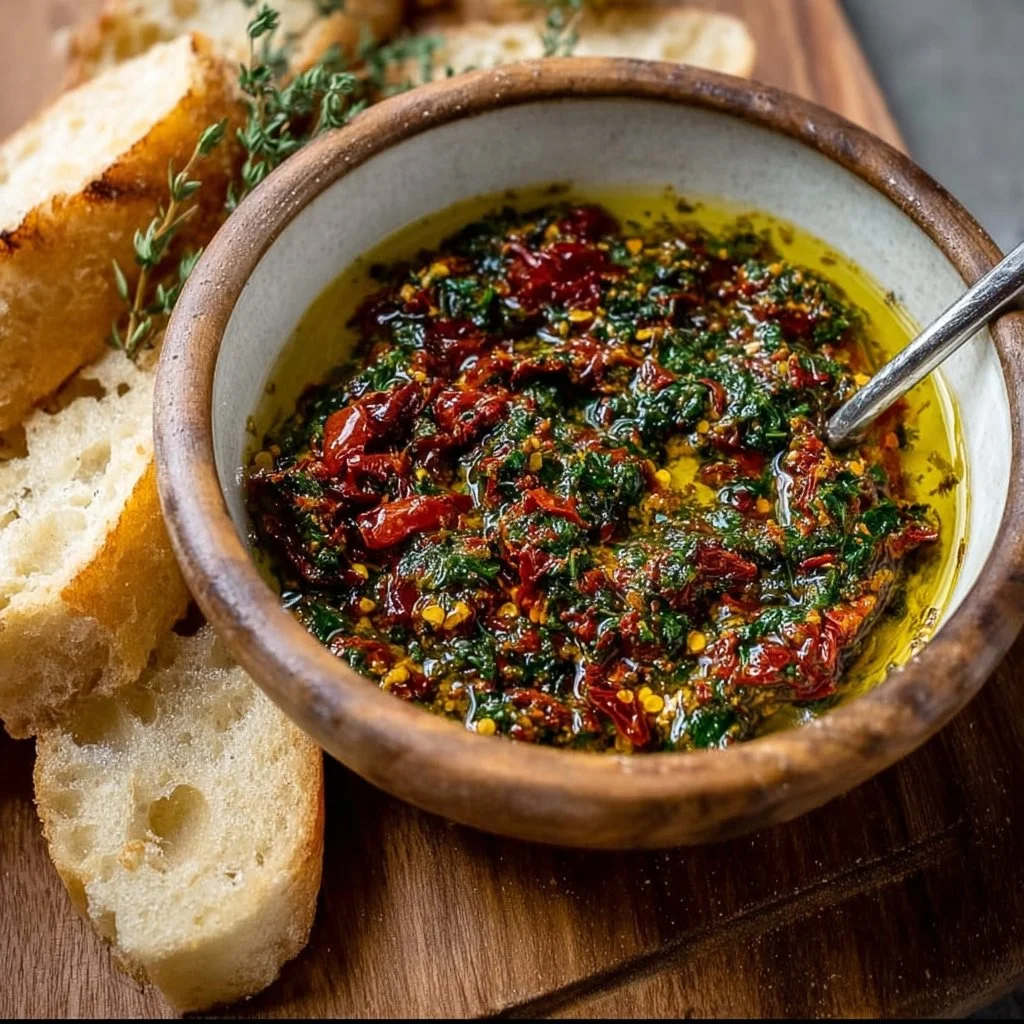 Sun-dried tomato olive oil bread dip served with fresh bread for dipping