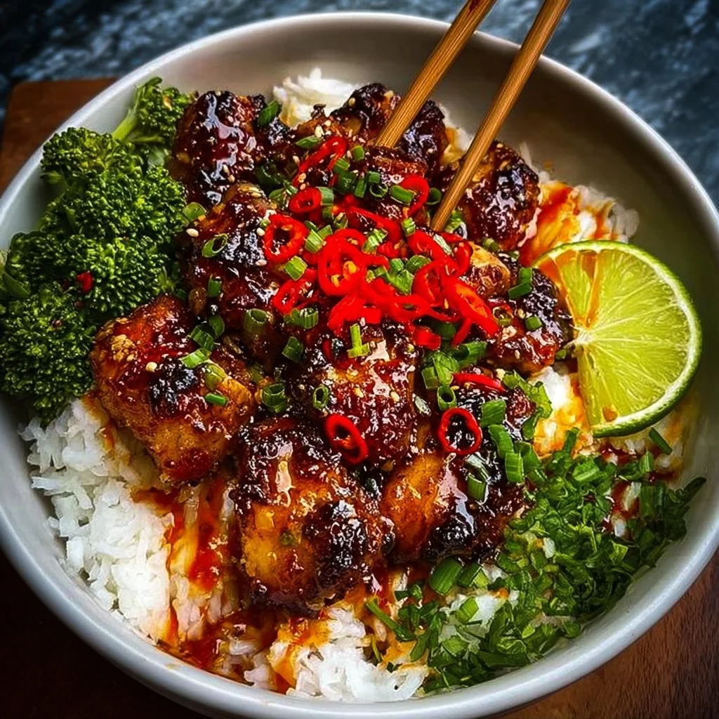 Sweet Chili Chicken Bowl topped with Coconut Lime Drizzle for a refreshing meal