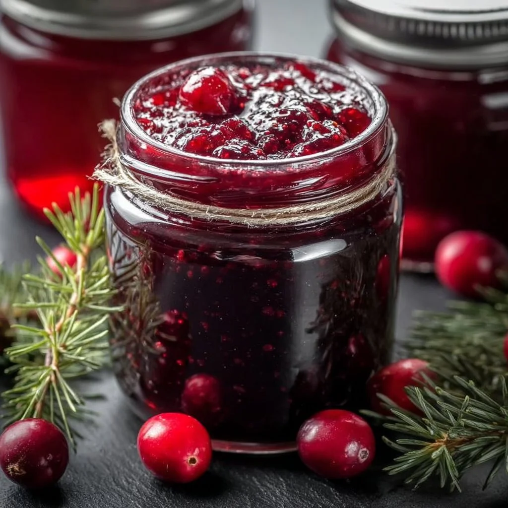 Jar of homemade Sweet Christmas Cranberry Jam with decorative labels.
