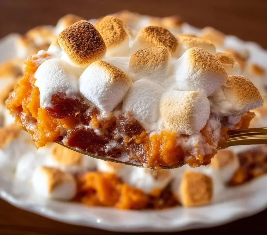 Delicious sweet potato casserole topped with marshmallows, perfect for the holidays.
