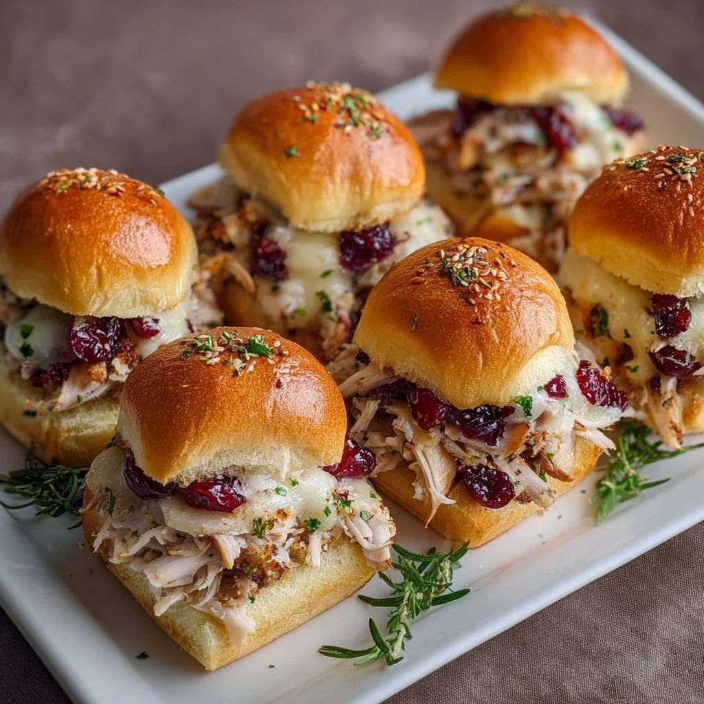 Thanksgiving leftover turkey cranberry sliders garnished on a platter