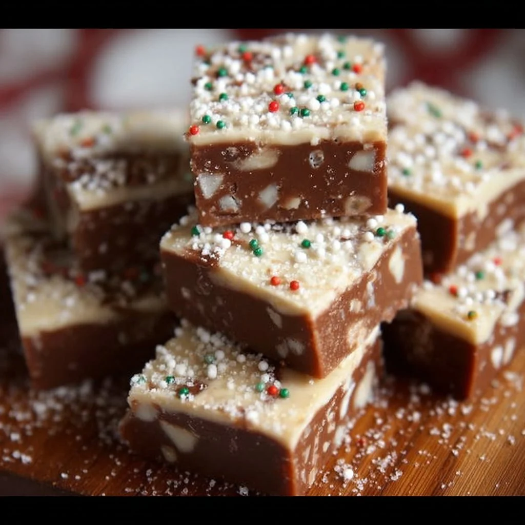 Delicious homemade Christmas fudge recipe displayed on a festive table.