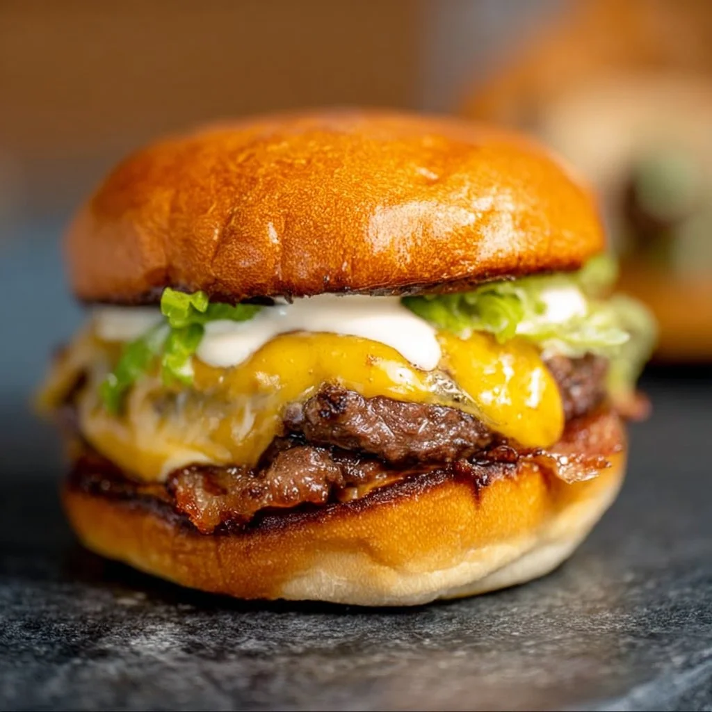 delicious homemade smash burger with toppings and grilled to perfection