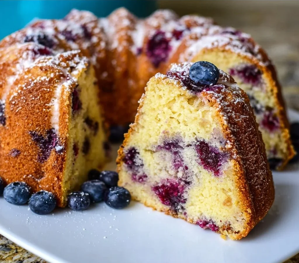 Delicious blueberry sour cream cake with fresh blueberries and creamy texture