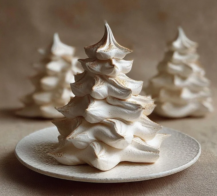 Festive tree-shaped meringue cookies decorated for the holidays