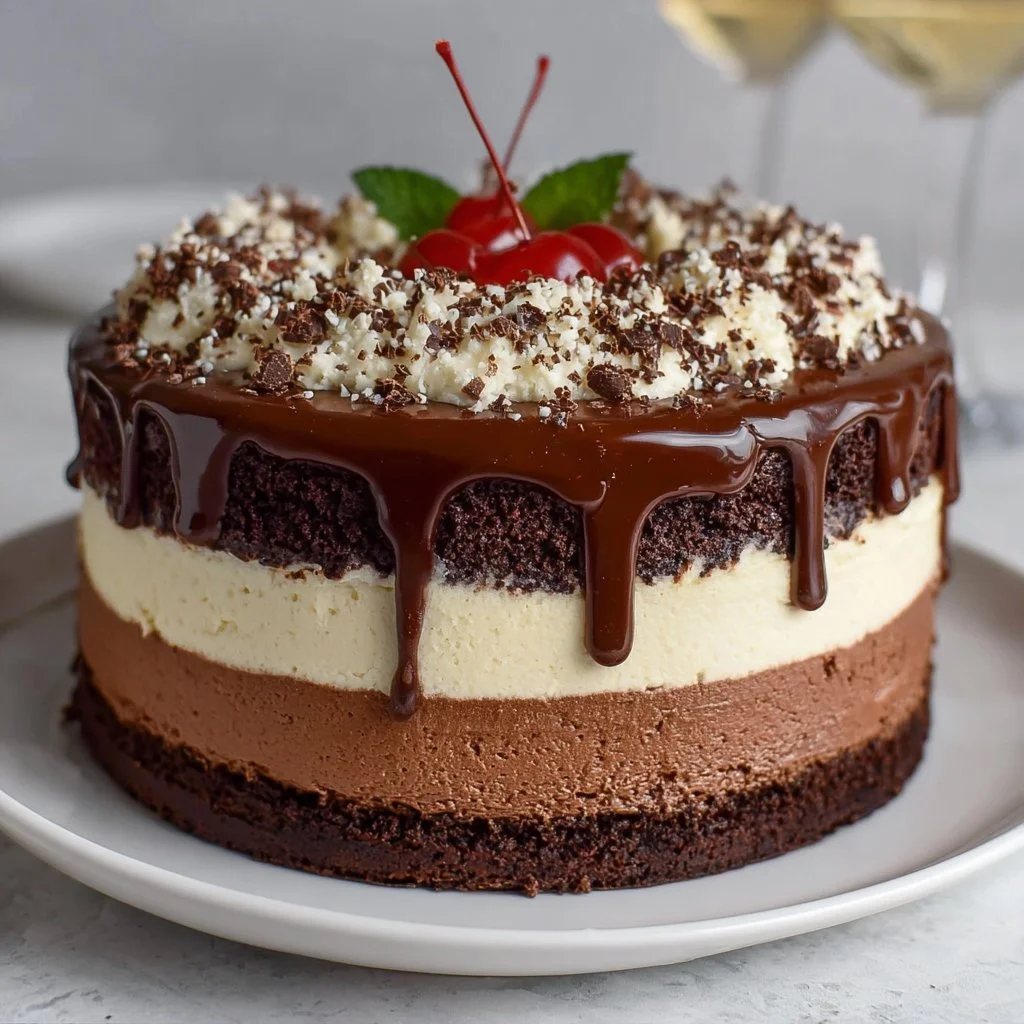 Delicious Tuxedo Cake with triple chocolate mousse layers and rich chocolate frosting.