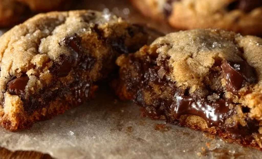 Ultra thick chocolate chip cookies with crispy edges and gooey centers